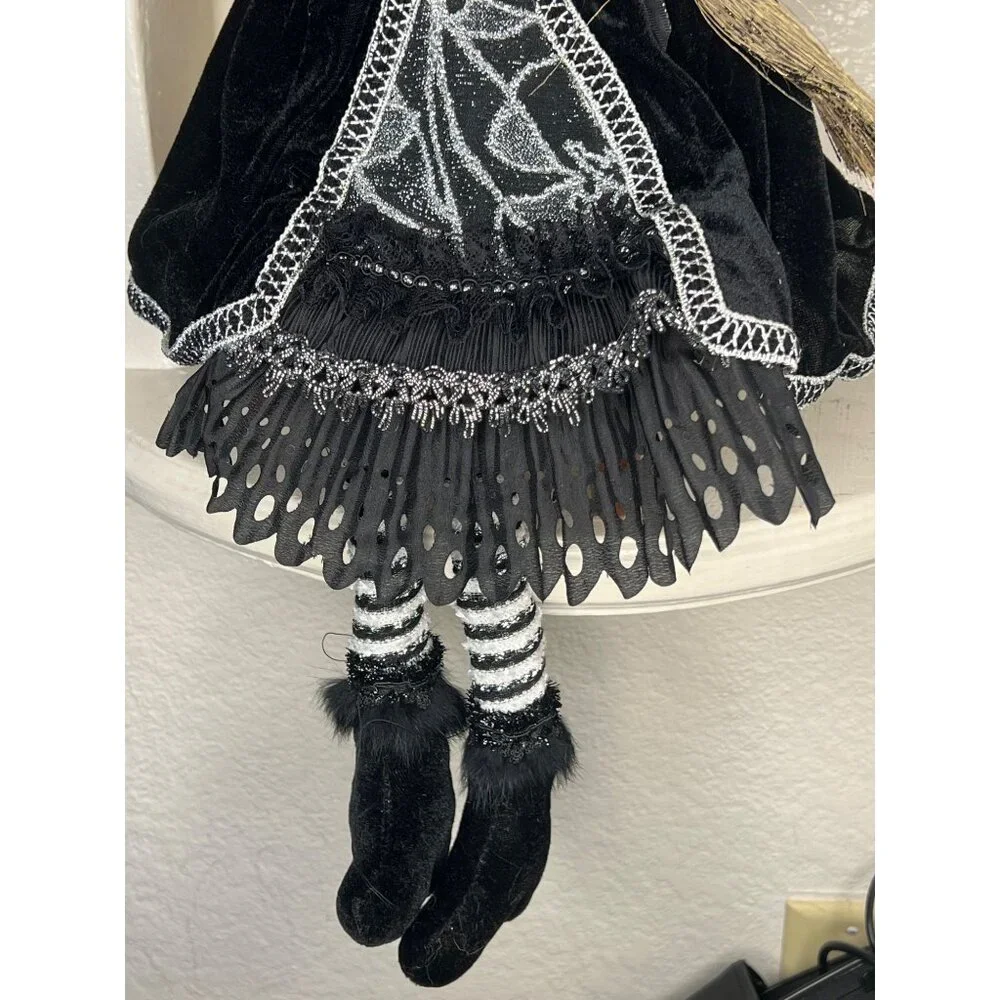 Porcelain Witch Doll Black Silver Velvet Dress Broomstick Halloween Collectible